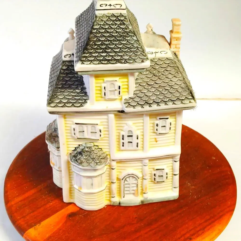Vintage Victorian House Cookie Jar Yellow Gray Ceramic Mansion Design